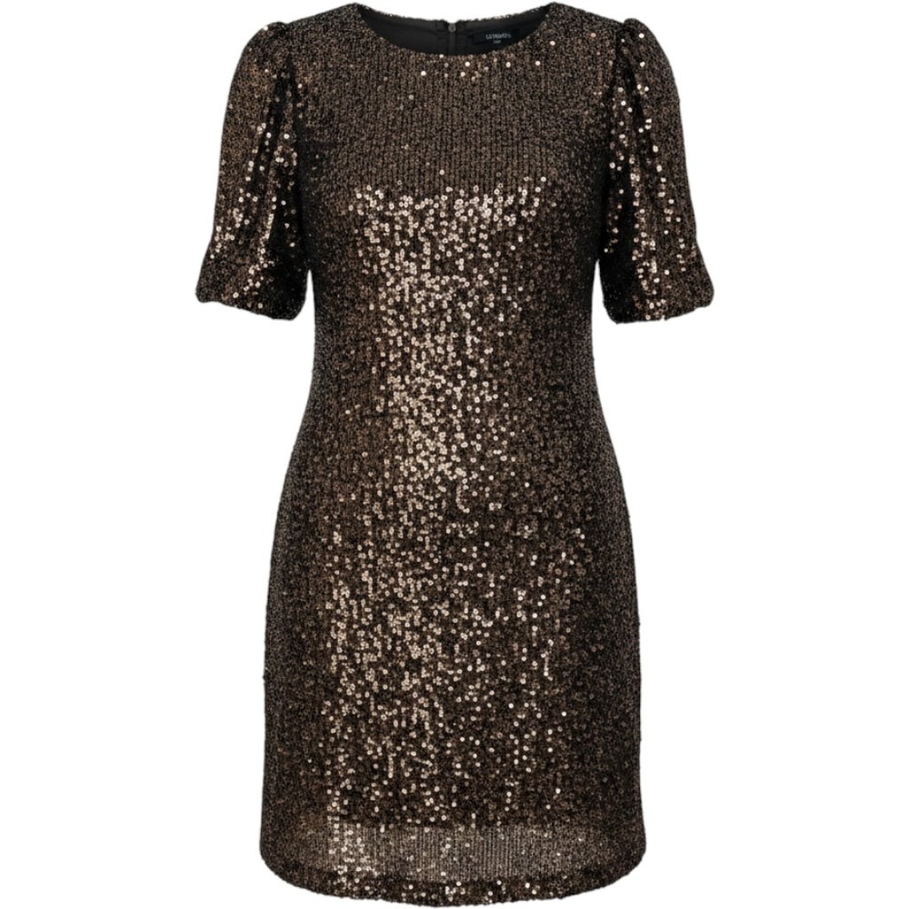 Cable & Gauge Sequin Shift Dress Short Puff Sleeve Black Bronze Large